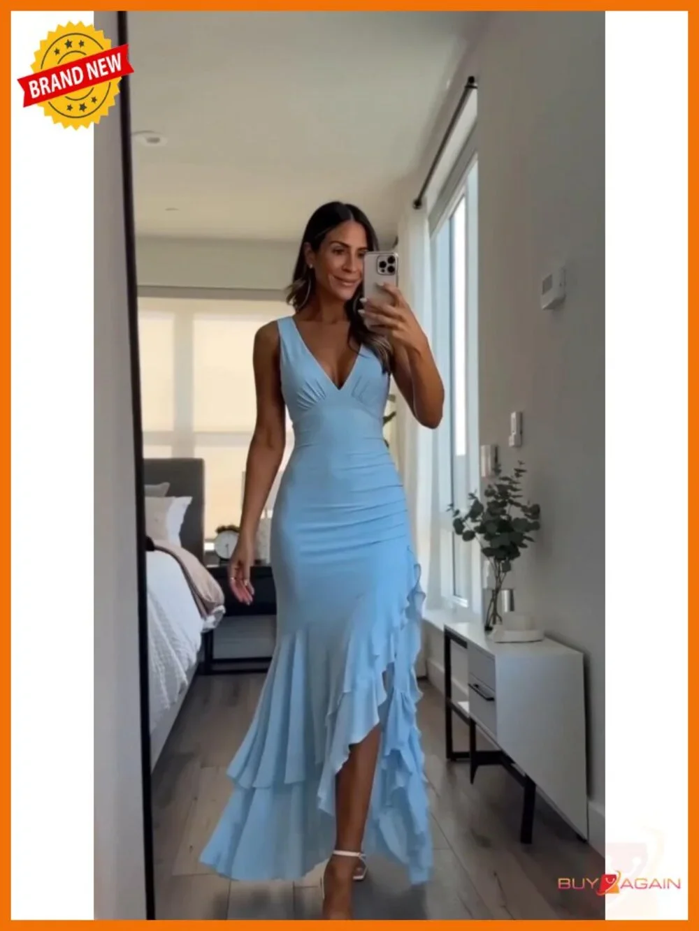 Women's Mermaid Ruffle Cocktail Maxi Dress V-Neck Sleeveless Formal Prom